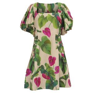 Farm Rio Tropical-Print Puffed Sleeve Mini Dress in Multicolor Linen